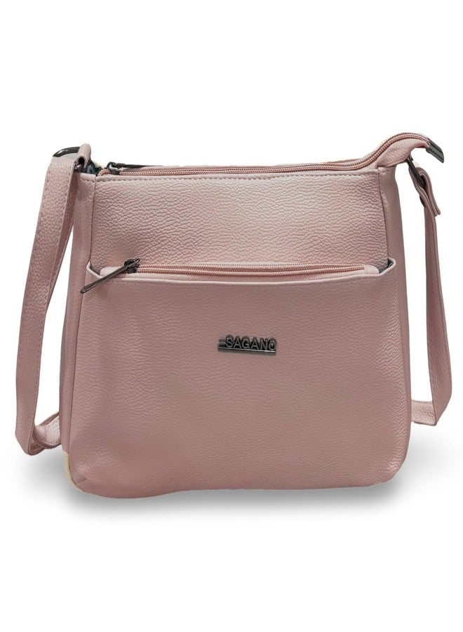 GLOSSY PU Women's Sling Bag, 4 Zipper Compartments, casual use, travel use (Pink) - Image 5